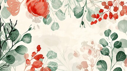Floral hand drawn background. Botanical line art wallpaper with flowers, branches and eucalyptus leaves. Design in red and green shades watercolor. Generative Ai - obrazy, fototapety, plakaty
