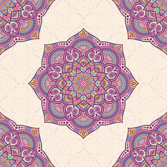 Seamless vector color pattern with mandala. Oriental mandala background. Vintage decorative elements. Islam, Arabic, Indian, ottoman motifs. Color mandala pattern. For textile, fabric design.