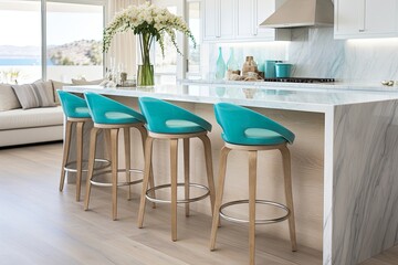 Turquoise Coastal-Inspired Kitchen Interiors with Laminate Island and Bar Stools