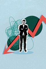Creative vertical collage standing young businessman falling arrow down regression inflation...