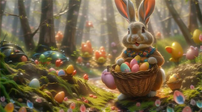 Easter Bunny rabbit with egg in wonderland. Generative AI