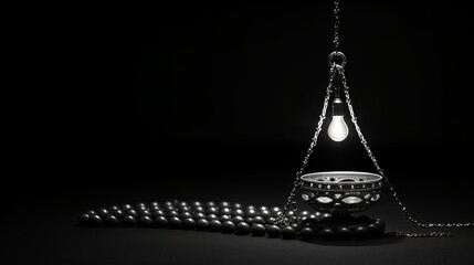 A metallic Ramadan lamp with Islamic rosary beads on black background. Monochromatic image