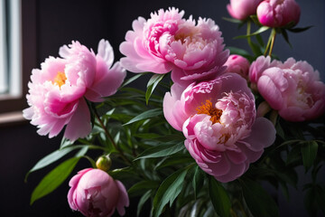 Fluffy pink peonies flowers on blurry background