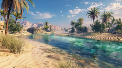 A lush oasis with crystal clear water surrounded by palm trees and sand dunes under a bright blue sky with distant mountains.