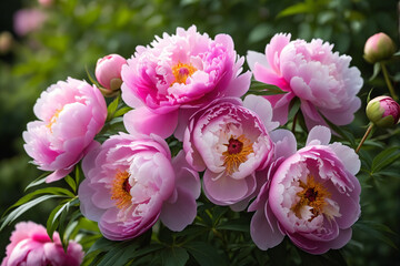 Fluffy pink peonies flowers on blurry background