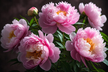 Fluffy pink peonies flowers on blurry background