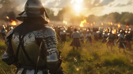 A medieval knight in armor stands with his back to the camera, overlooking a battlefield as the setting sun casts a golden light over the scene. - obrazy, fototapety, plakaty