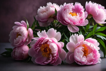 Fluffy pink peonies flowers on blurry background