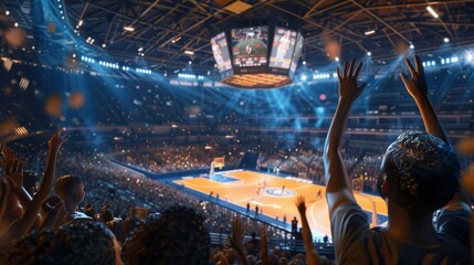 Fans raise their hands in excitement during a basketball game, with the arena lights casting a dramatic glow on the court.