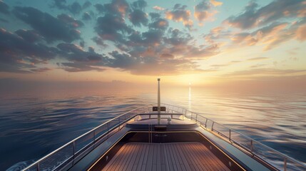 Stunning sunset over the calm ocean, viewed from the bow of an elegant luxury yacht, inspiring travel and leisure.