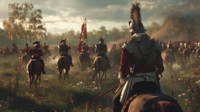 An officer on horseback in elaborate uniform leads a cavalry charge, with troops and flags visible in the hazy battlefield background.