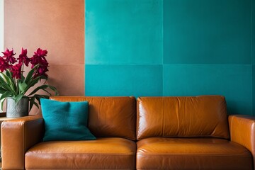Teal Split Color-Blocked Interior Wall Ideas with Brown Leather Sofa: Design Inspiration