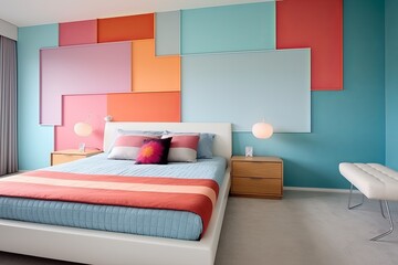 Fototapeta na wymiar Chic Serenity: Stunning Color-Blocked Interior Wall Ideas for a Bedroom