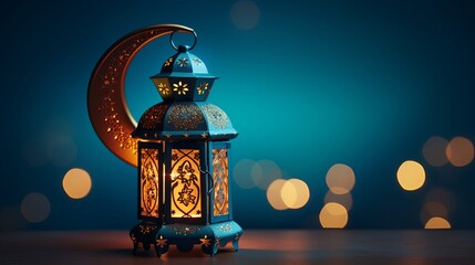 An illuminated colorful ramadan lantern against blue night sky with an crescent moon - obrazy, fototapety, plakaty