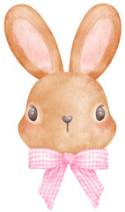 Coquette bunny with Pink Ribbon bow watercolor