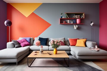 Color-Blocked Wall Vibes: Coffee Table Charm Amid Playful Hues