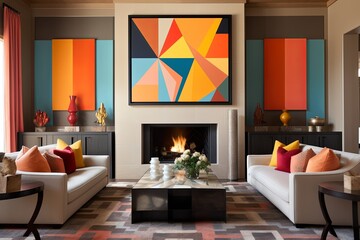 Color-blocked Interior Wall Ideas: Fireplace Room Transformations with Warm Color Zones - obrazy, fototapety, plakaty