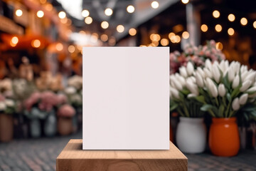 Naklejka na ściany i meble Blank white billboard stand on wooden table with blurred bokeh background.