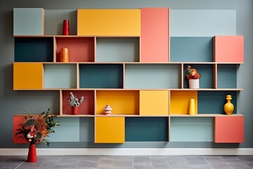 Color-Blocked Grid Pattern: Interior Wall Ideas with Alternating Hues - obrazy, fototapety, plakaty