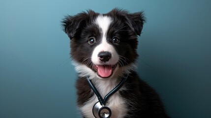 Puppy dog border collie and stethoscope isolated on blue background. Little dog on reception at veterinary doctor in vet clinic. Pet health care and animals concept. AI Generated.