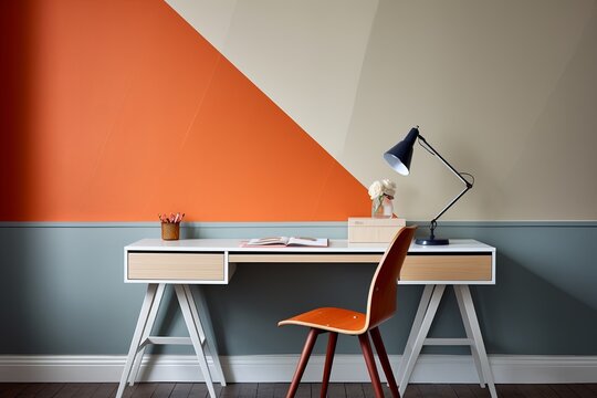Color-Blocked Minimalist Desk: Interior Wall Ideas as Bold Backdrop