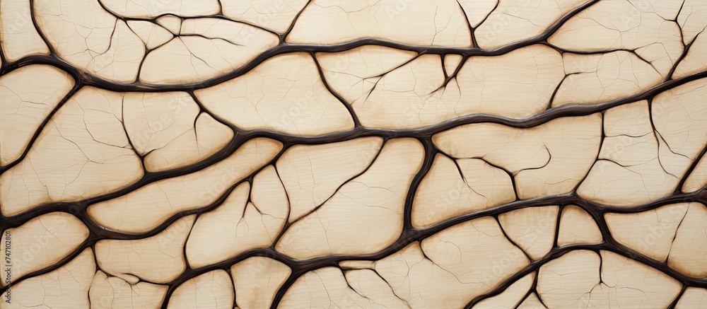Poster a detailed view of an abstract panel with dark veins contrasting against a light wooden background, 