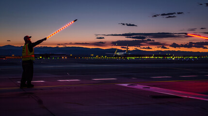 A man signaling the pilot with marshalling wands on airport at night
