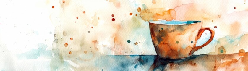 Delicately painted in watercolor, a coffee cup adorned with graceful polka dots serves as an artistic homage to the simple pleasures in life, inviting viewers to savor each moment with appreciation - obrazy, fototapety, plakaty