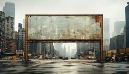 Fotobehang Old empty billboard in big city , Mockup Blank billboard in Desolate cityscape, shrouded © bird_saranyoo