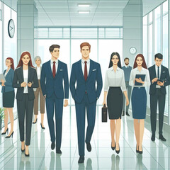 Corporate professionals as a team in an office corridor, vector illustration