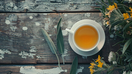 A Cup of Tea on a Wooden Table with Sage - obrazy, fototapety, plakaty