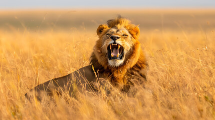 A roaring lion, with golden savanna grasslands as the background, during a blazing hot afternoon