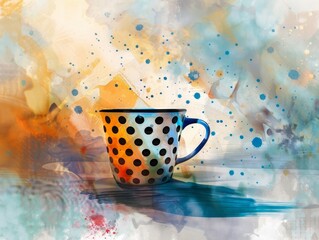 An artistic watercolor portrayal of a coffee cup with elegant polka dots serves as a poignant reminder to cherish the simple joys in life, encapsulating the essence of warmth and contentment with each