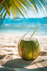 Tropical coconut juice, water, cocktail with bamboo drinking straw on sunny beach and palm minimal. Cold summer refreshment beverage for enjoy. Close up. Copy space.