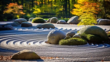 Tranquil zen garden with raked gravel, sculpted rocks, and minimalistic plantings for contemplation - obrazy, fototapety, plakaty
