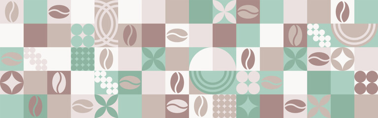 Obraz premium Coffee seamless background for textile and wallpaper with geometric shapes and coffee beans. Fashionable splash template with a cup in brown and green tones.