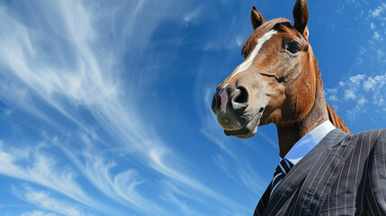 Horse in formal suit with striped pattern and tie on bright blue sky background