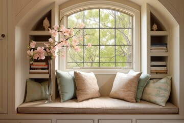 Earth-Toned Bathroom Designs: Window Seat with Pastel Cushion Delight