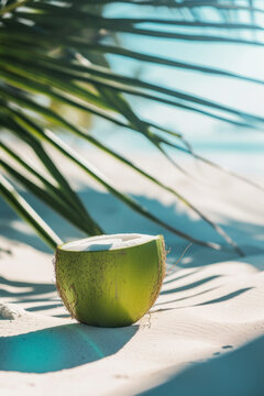 Tropical coconut juice, water, cocktail with bamboo drinking straw on sunny beach and palm minimal. Cold summer refreshment beverage for enjoy. Close up. Copy space.