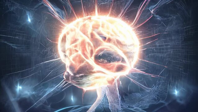 Human brain forming a complex network with neurons and synapses that glow and shimmer
