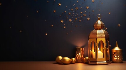 Obraz premium Islamic Concept Golden Color background Ramadan and eid al fitr Special Image dates with Turkish traditional lantern Light Lamp and Tasbeeh, Iftar image, Ramadan Kareem Mubarak 3D background
