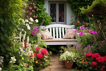 Fototapeta na wymiar English Cottage Garden Inspirations: Cozy Bench and Flower Bed Delight