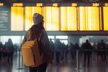 A young woman with a yellow backpack at the international airport looks at the flight information...