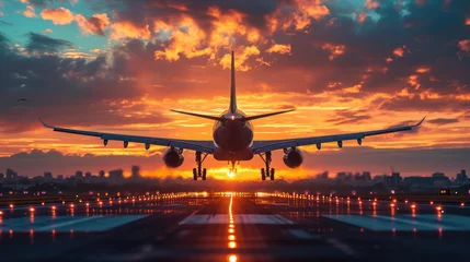 Foto op Canvas airplane flies in the sunset sky, pink clouds, big modern plane, flight, wings, transport, fuselage, air, beauty, space for text, airline, travel, nature, light, sun, runway, takeoff © Julia Zarubina