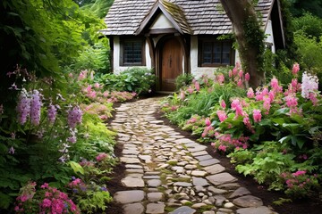 Fototapeta na wymiar Rustic Stone Path Decor: English Cottage Garden Inspirations