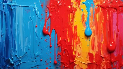 Colorful paint dripping on wall, closeup. Abstract art background