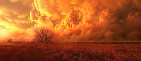 A large cloud of smoke billows up into the sky above a field, the result of a fierce brush fire raging in the Midwest. The smoke towers over the landscape, casting a dark shadow and obscuring the