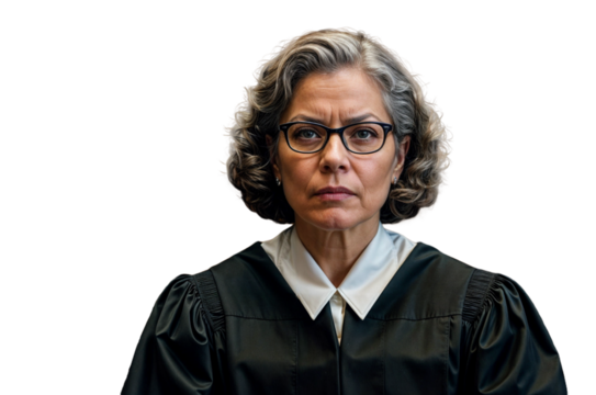 Portrait of a serious female judge with glasses, in a judicial robe, on a transparent background.