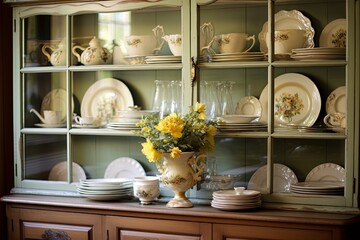 French Provincial Dining Room Designs: Vintage Dishes Cabinet Display - obrazy, fototapety, plakaty