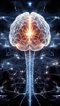 Human brain forming a complex network with neurons and synapses that glow and shimmer

